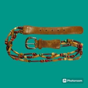 VTG EXPRESS Wood Metal Acrylic Beaded Tribal Leather Belt